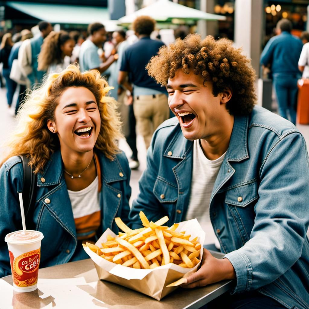 laughing teen boy eating French fries with a cute pudgy teen...