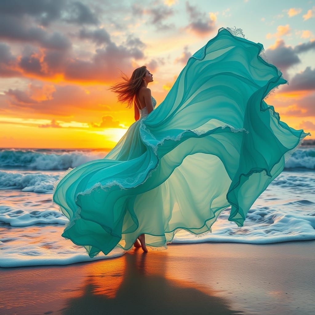 Surreal Sea Goddess Rising from Sunset Waves in Hyperrealist...