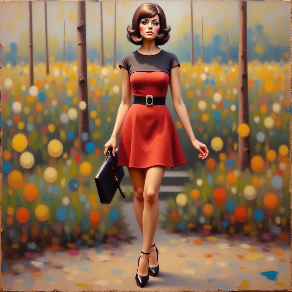 <lora:60s Mod Flux:1.0> oil painting, model in a minidress, 60s mod style 