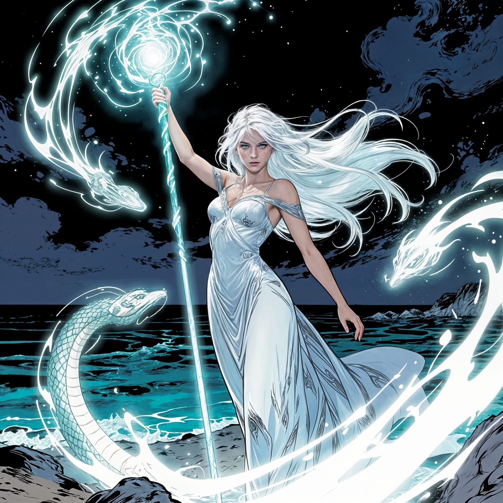 Sorceress with Glowing Staff on Ocean Shore in Comic Book St...