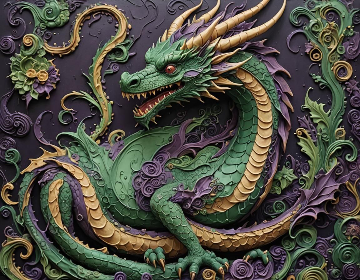 a dragon made of cake, dark_green and purple