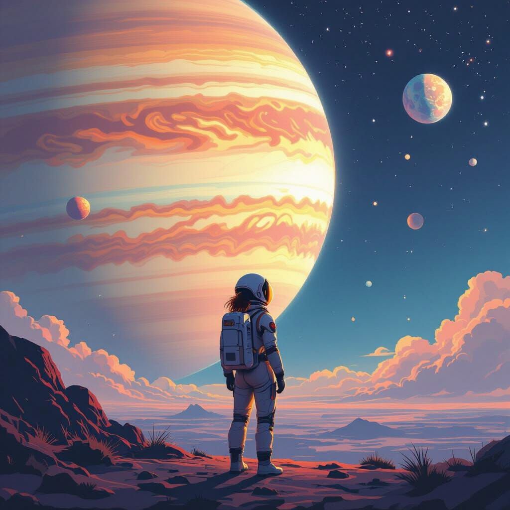Astronaut Gazing at Celestial Bodies on Jupiter