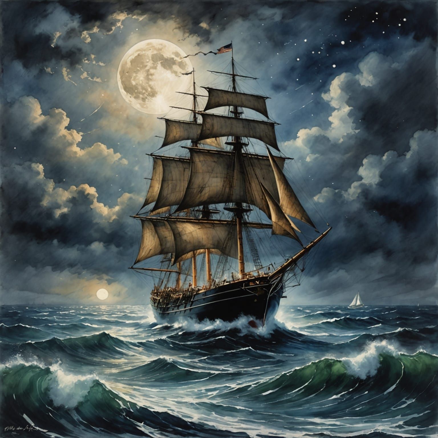 A sailing ship on a moonlit night #3