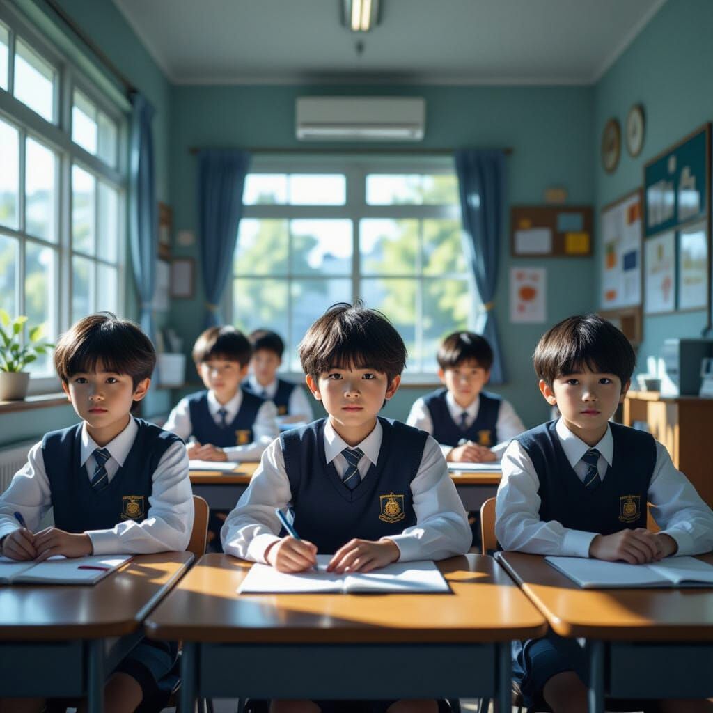 Hyperrealistic School Scene with Young Boys