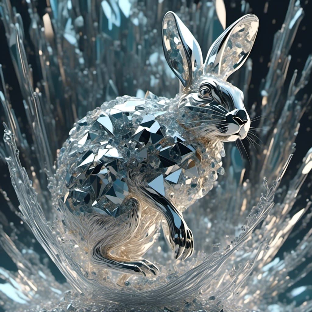 Intensified hyperreal <lora:Cut Crystal:1.0> shards of Shattered glass exploding out from a fully-armed battlerabbit, sharp focus, clean lin...