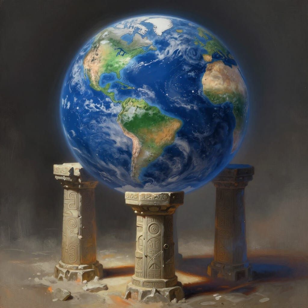 Earth Resting on Ancient Pillars in Fantasy Concept Art Styl...