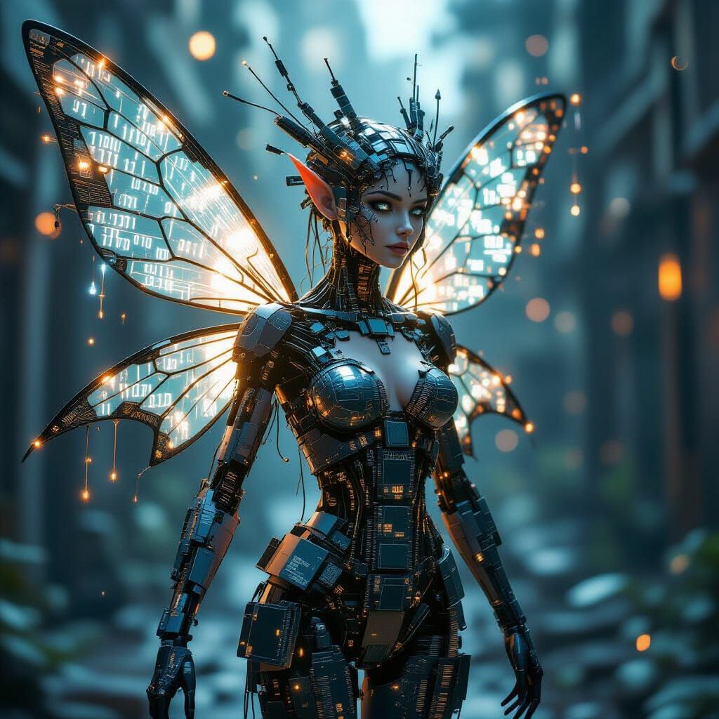 A fairy made entirely from broken computer parts and shimmering binary code. Her body is built from cracked ...  by @Yossi Cohen
