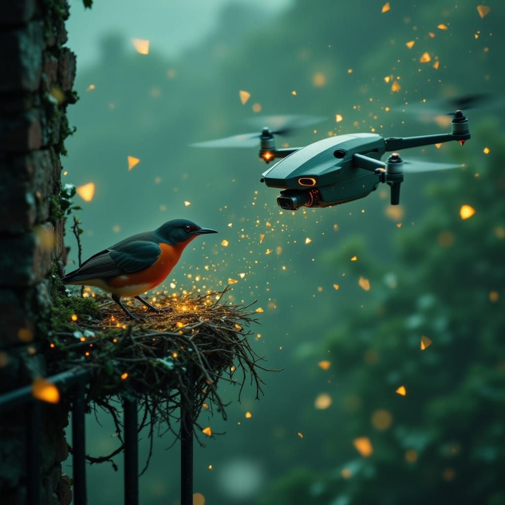 <lora:Shar:1.0> A delivery drone hovering to offer a twig to a nesting robin on a balcony rail, rotors steady, beak accepting.

Surreal Crys...