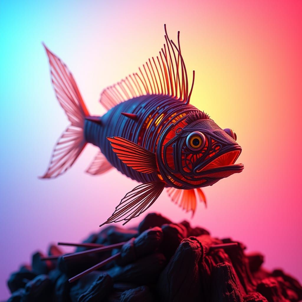 Toothpick Fish Portrait in Dark Fantasy Art Nouveau Style