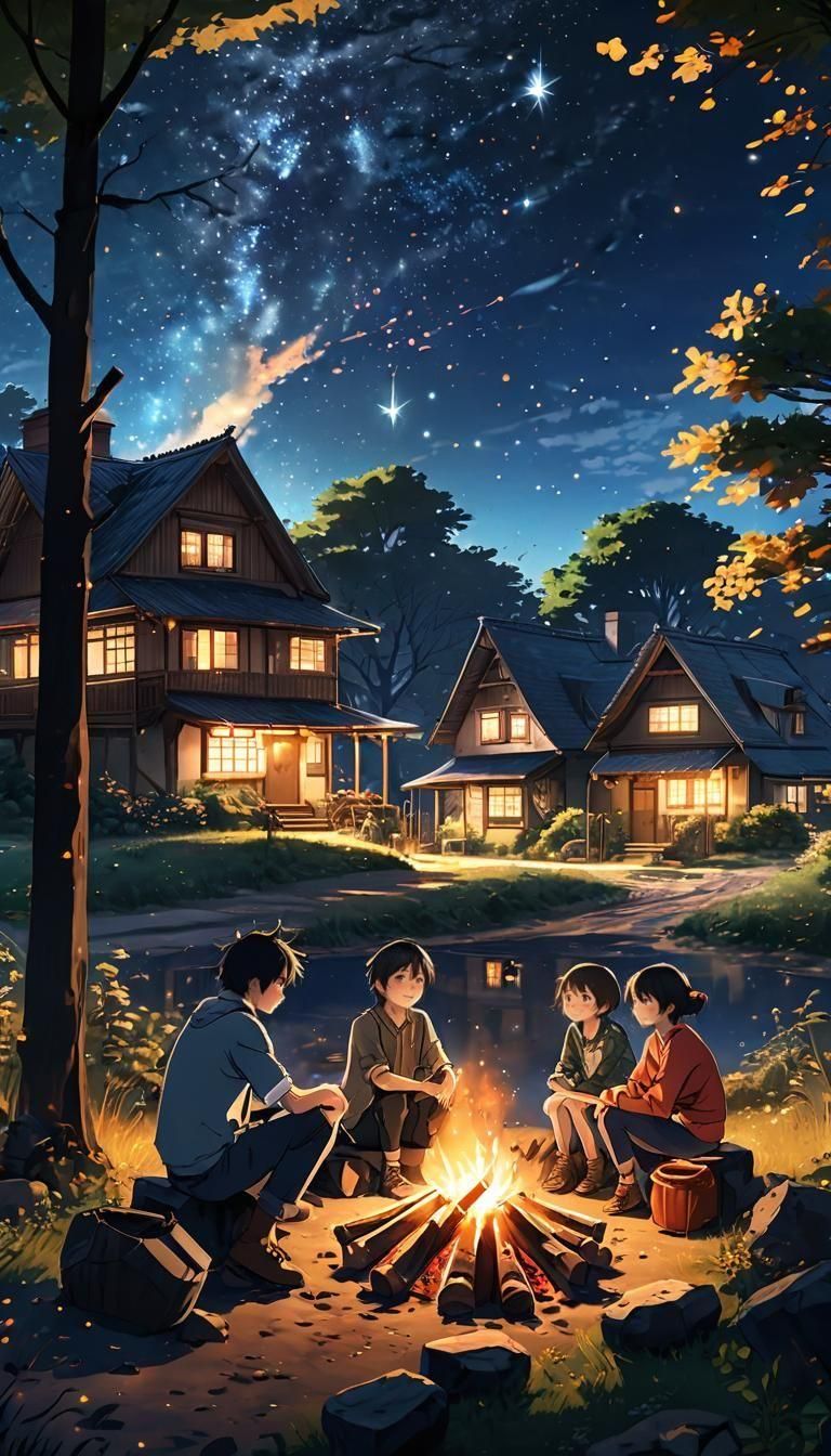 Realistic 2.5D anime wallpaper. Medium shot. A family sits around a bonfire in a quaint village, enjoying each other's company under a star-...