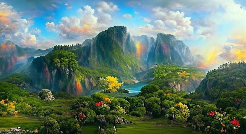 beautiful broad view vista landscape peaceful amazing wonderful canyon with  lush green flowering forest on hills, wide winding river full of clean  clear crystal transparent water beside the tall sharp cliffs,sunshine with