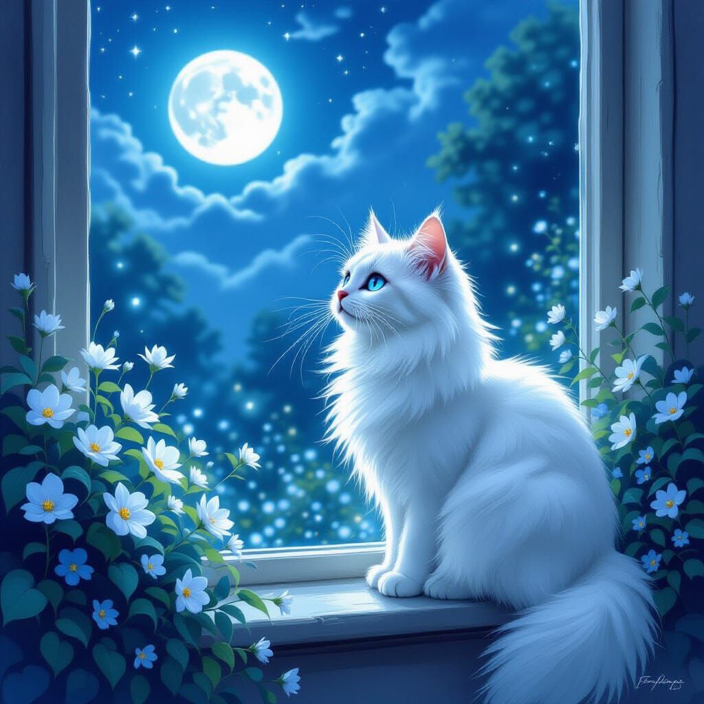White Cat on Windowsill Gazing at Moonlit Garden