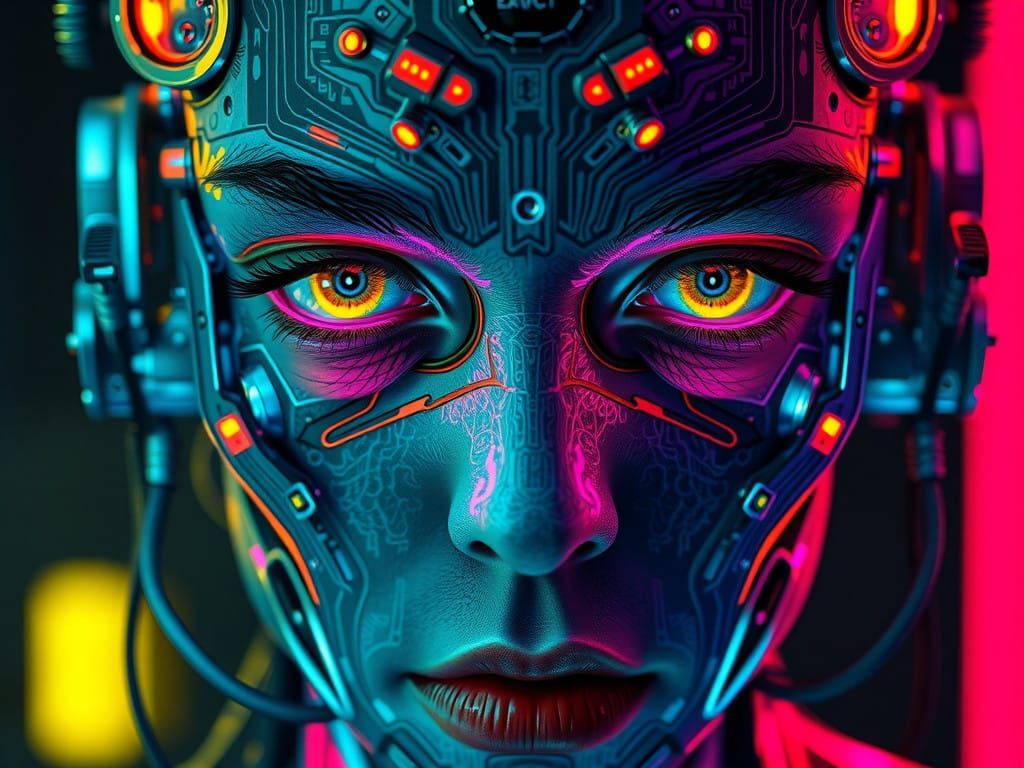 A cybernetic face illuminated by intricate circuitry. Pulsing neon wiring weaves under translucent synthetic ...  by @Dan Jones