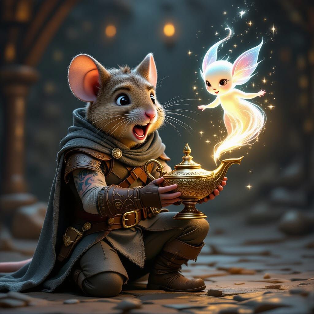 Finn, an anthropomorphic mouse adventurer, kneeling slightly as he holds an ornate, ancient lamp he borrowed from a baron, his eyes wide wit...