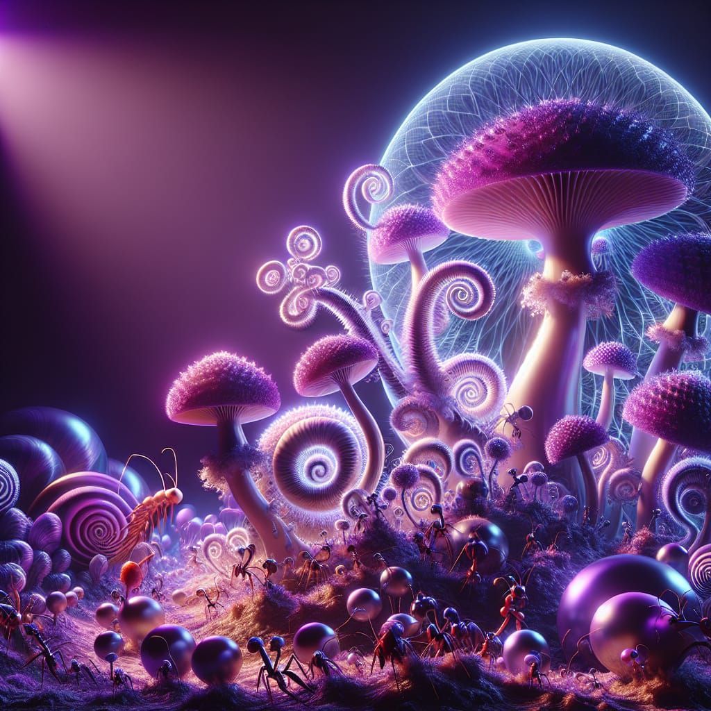 alien mushrooms ant plants, ultraviolet, holograms, spirals,...