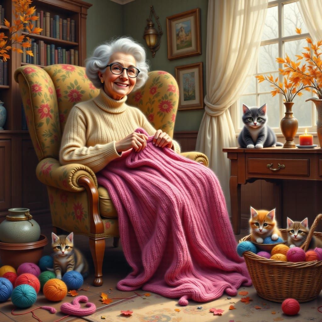 Elderly Woman Knitting with Kittens in Cozy Autumn Scene