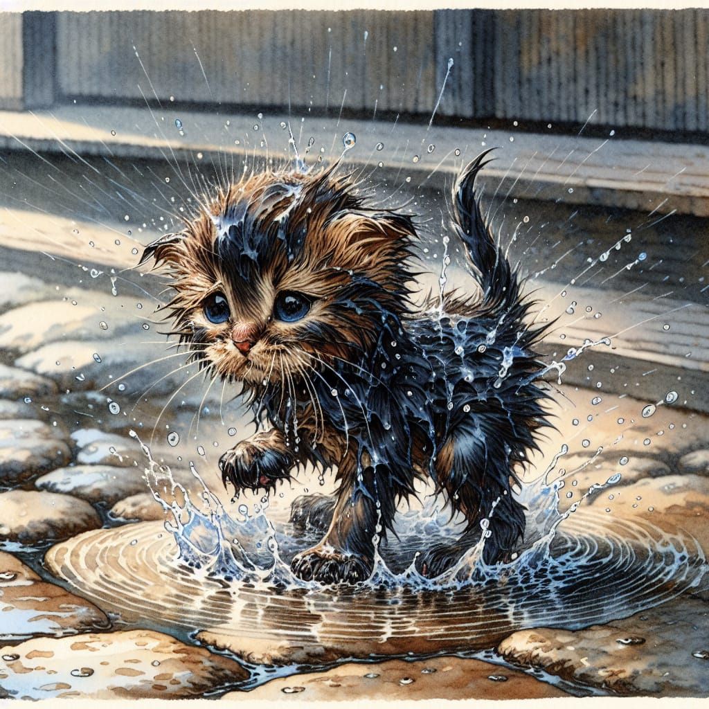 Poor little kitty caught in a sudden downpour  by @Elfchan