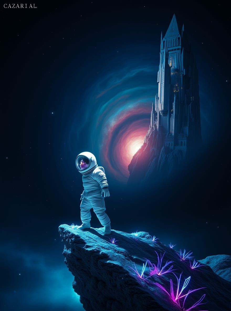 A lone astronaut stands on the edge of a colossal, crystalline asteroid, gazing out at a vibrant, swirling nebula. The asteroid itself is te...