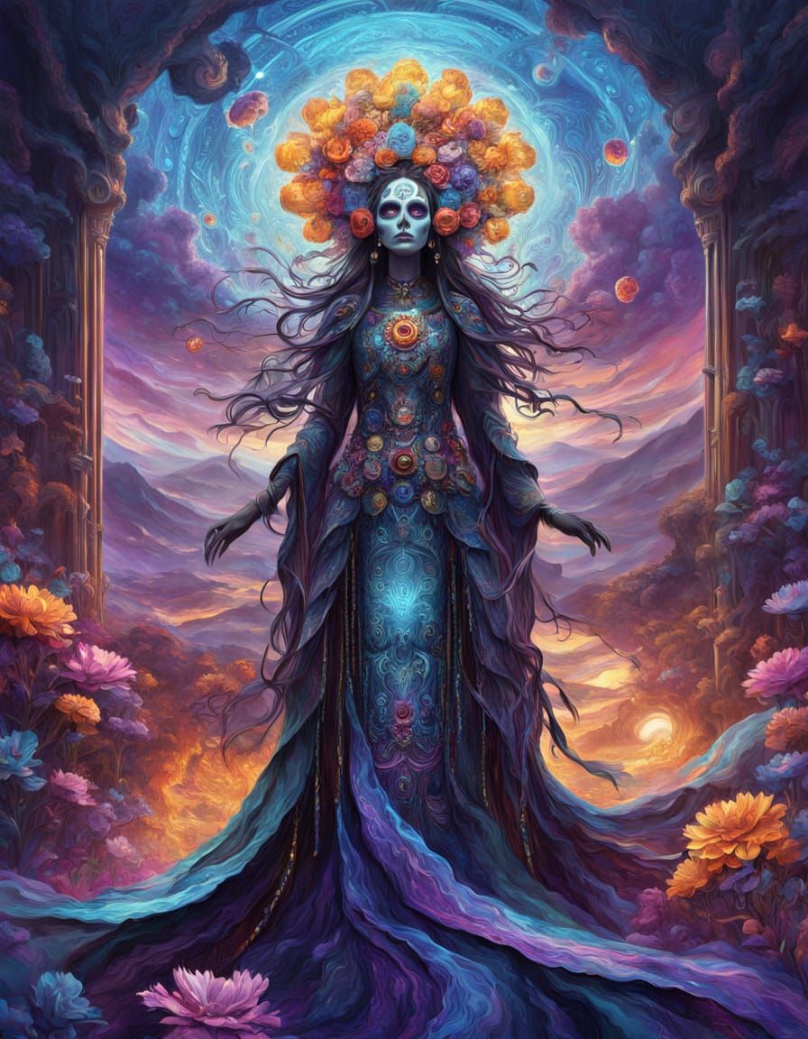 Regal Catrina in Surreal Digital Data Landscape