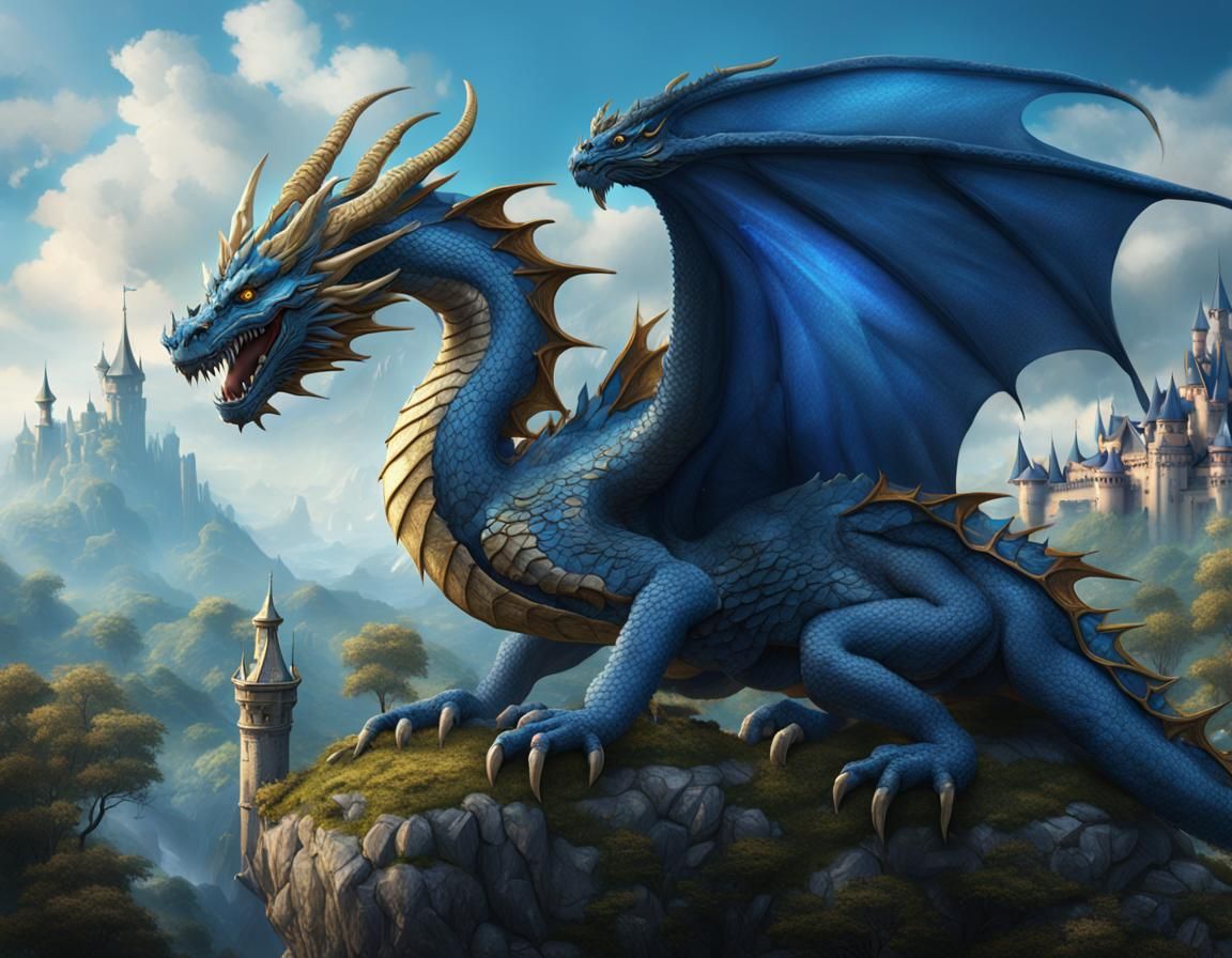 A blue dragon holding prince Charming. detailed matte painti...