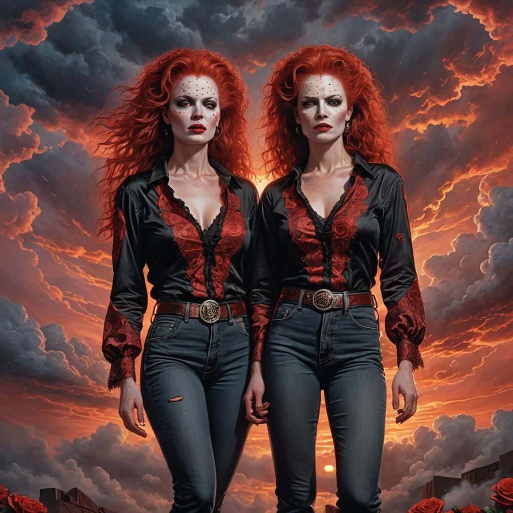 Two Twin Hyperrealistic voluptuous female enchantresses with...