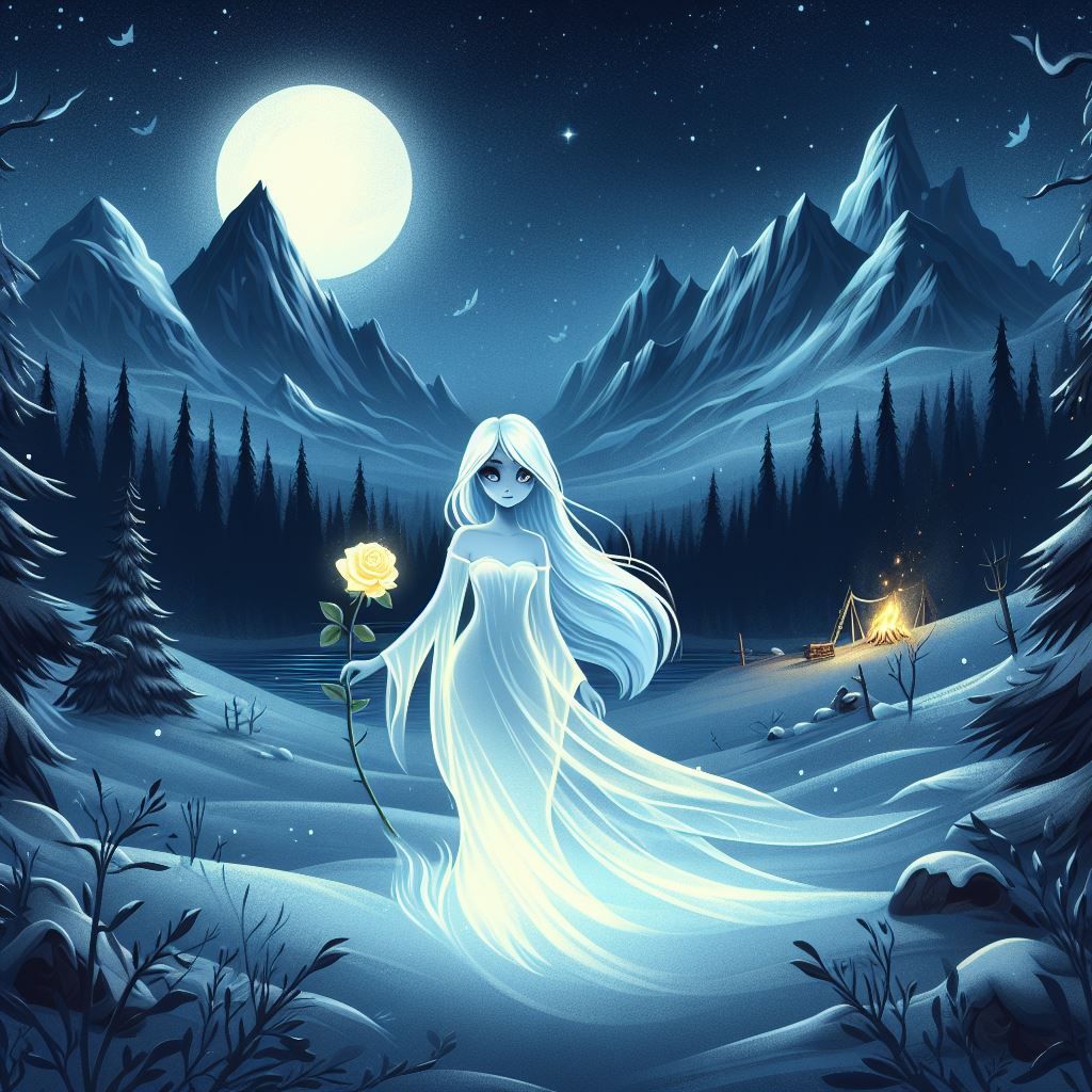 a pale white beautiful ghostly girl is walking through a moonlit valley with mountains on either side. a full moon is in...