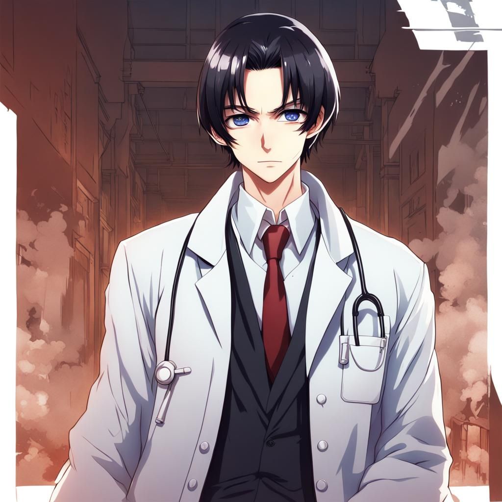 Portrait with very short black hair wearing a lab coat