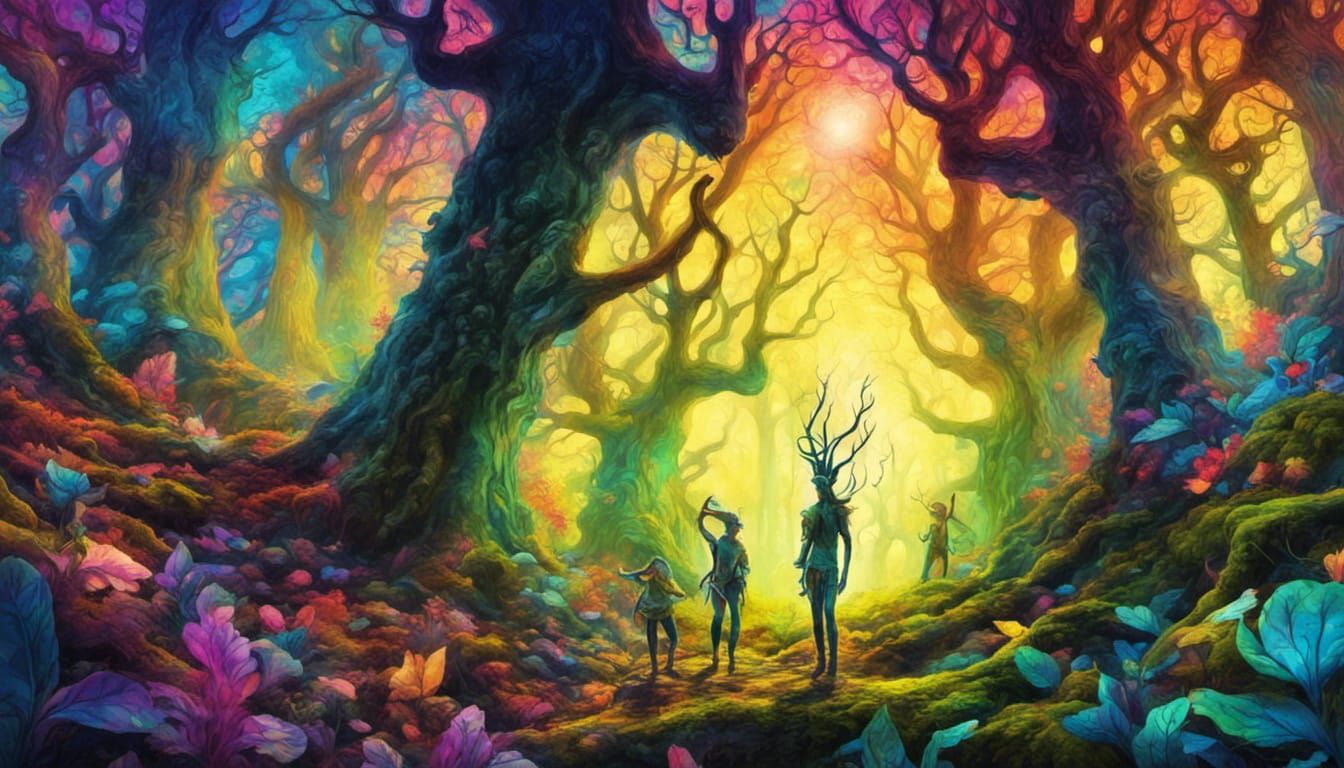 wood elves having psychedelic daydreams in a psychedelic fan...