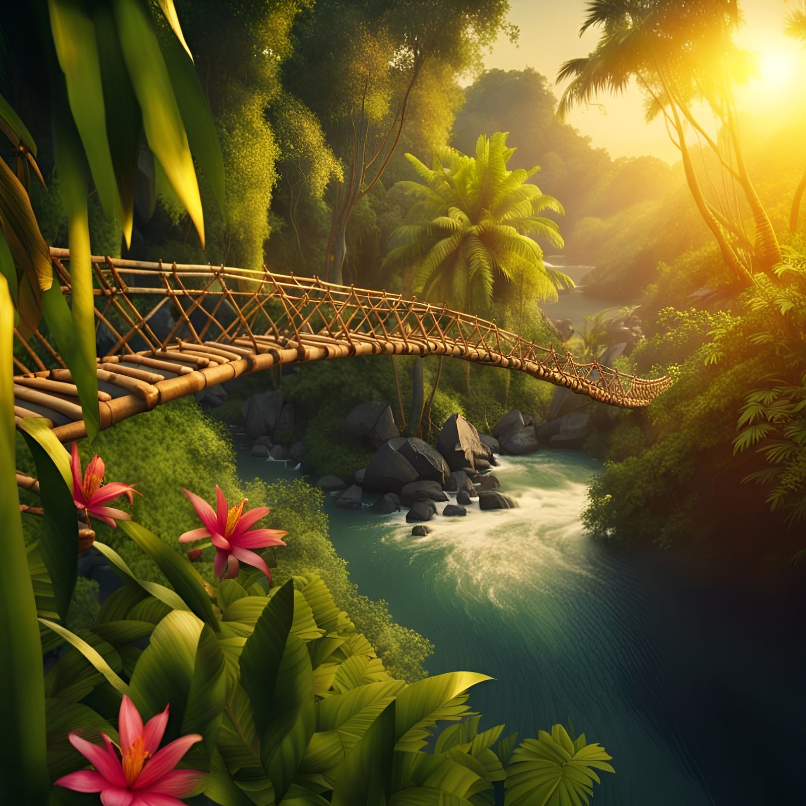 A mesmerizing view of an old wobbly bamboo bridge above a fast swirling river in a rainforest with lianas, ...  by @Menno