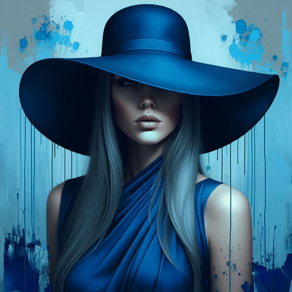 a woman wearing a large, brimmed blue hat