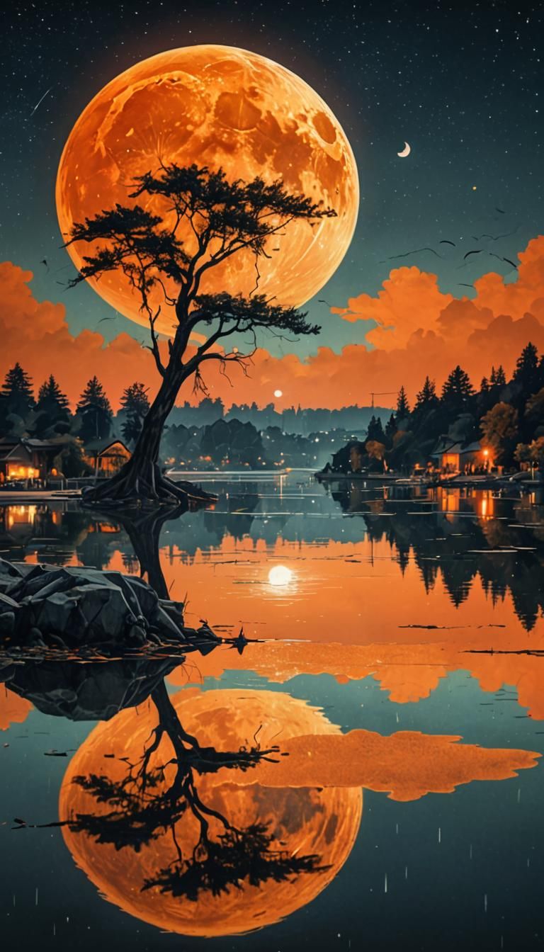 (({{the air is filled with a transparent haze}})).The orange moon shines in the sky, its reflection can be seen in the clear waters of the l...