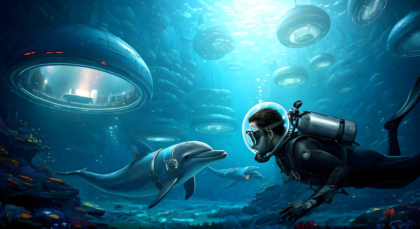 Human and Dolphin Underwater City  by @Gary Murakami