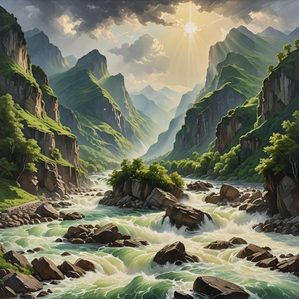 A painting of a majestic river with crashing waves against r...