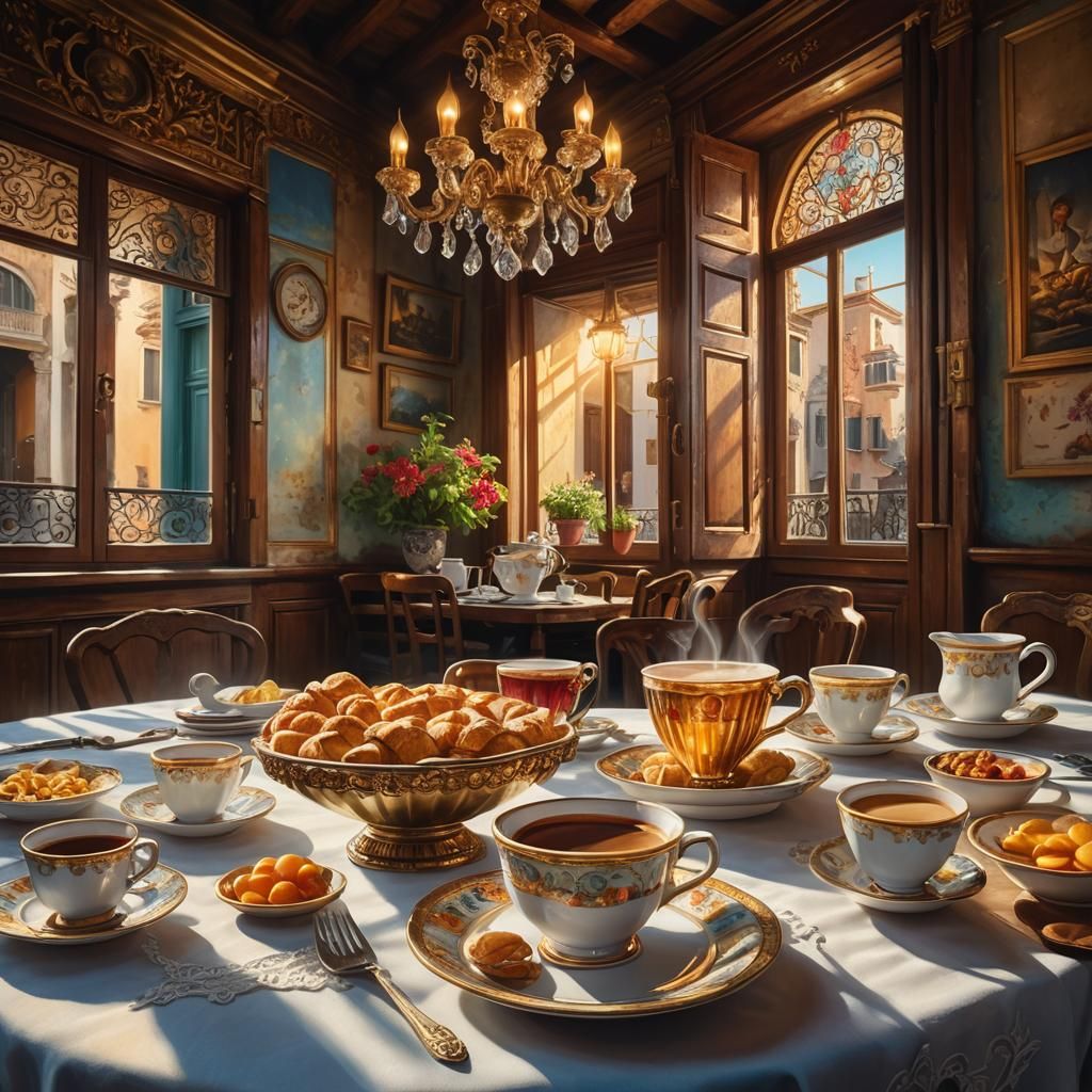 Venice Cafe Breakfast in Vibrant Oil Painting