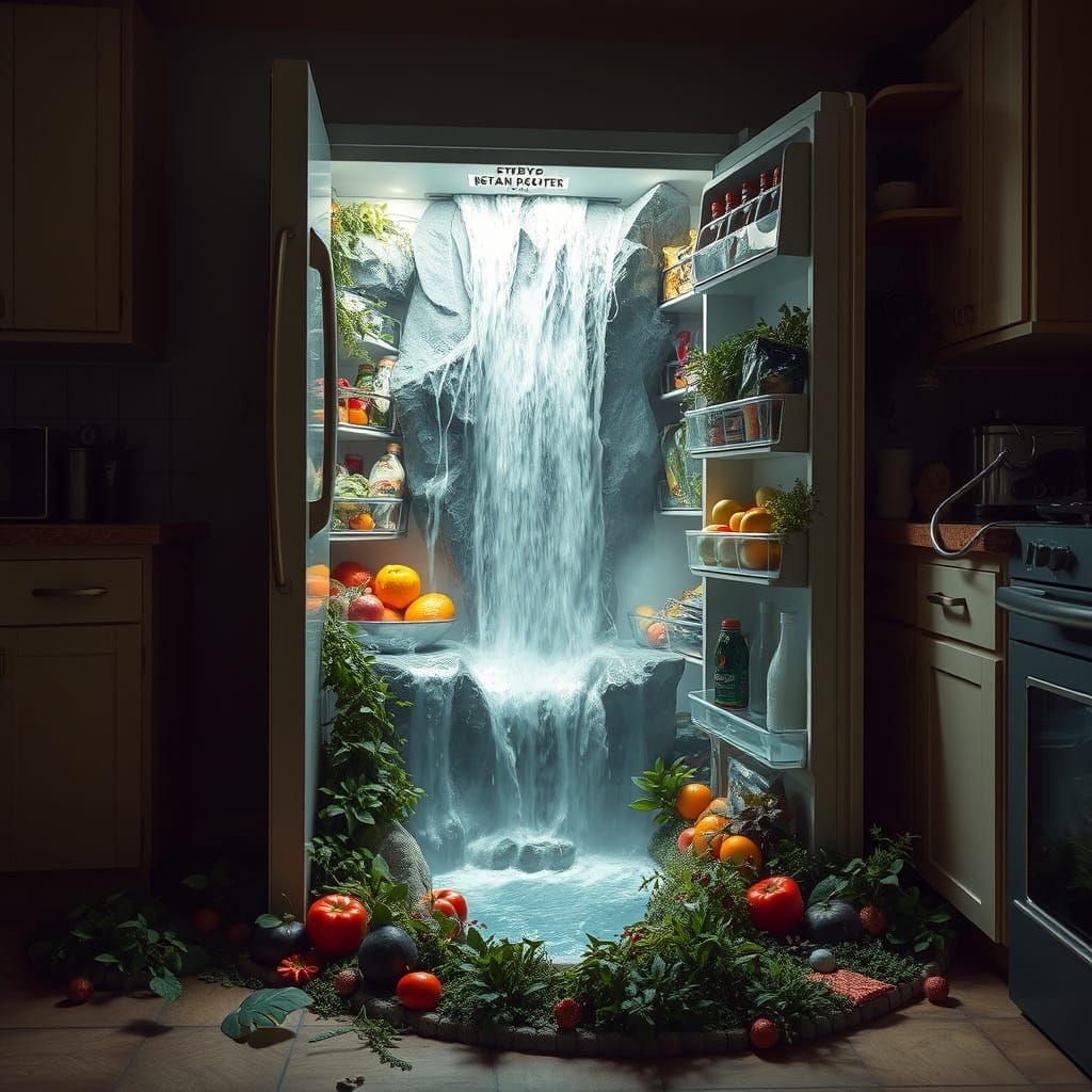 A majestic waterfall flowing from the open door of a refrigerator  by @Golden 