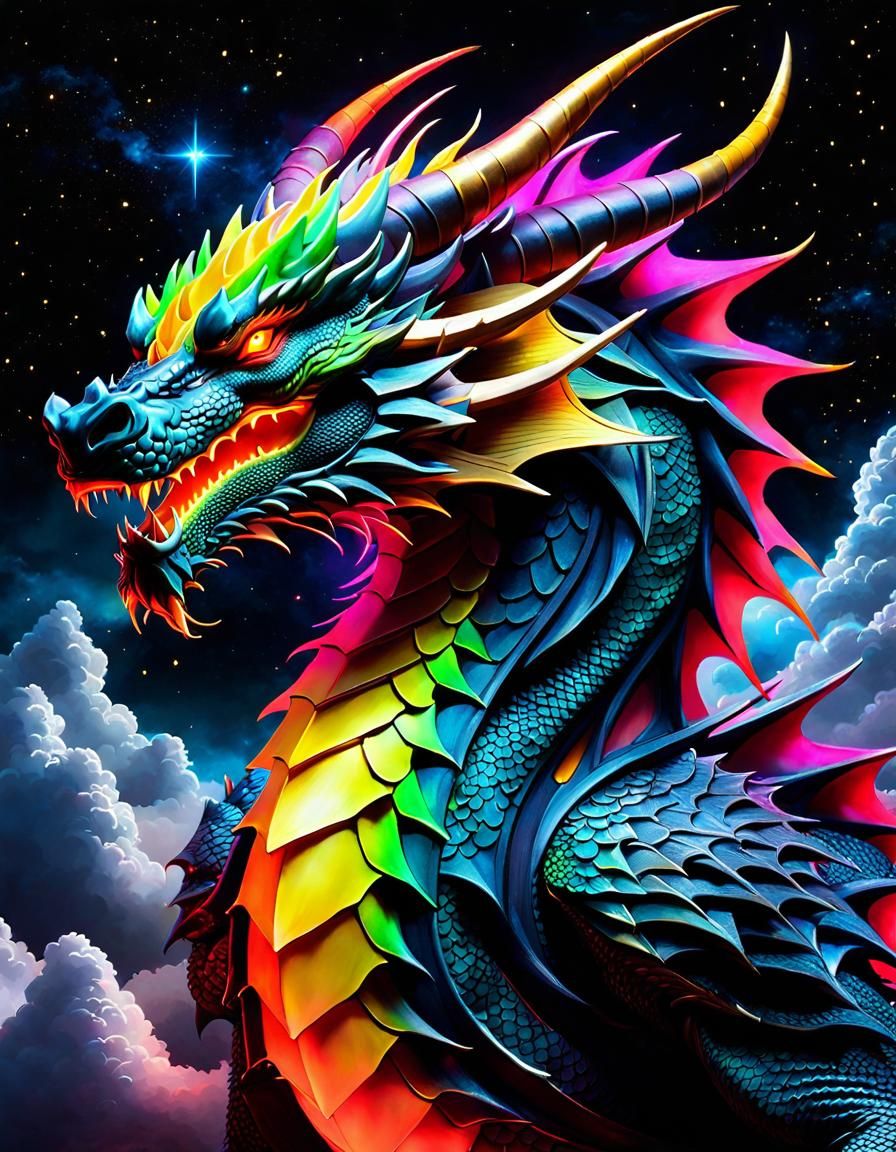 A beautiful (glowing neon colorful dragon:1.5) in the clouds, sparkling ...