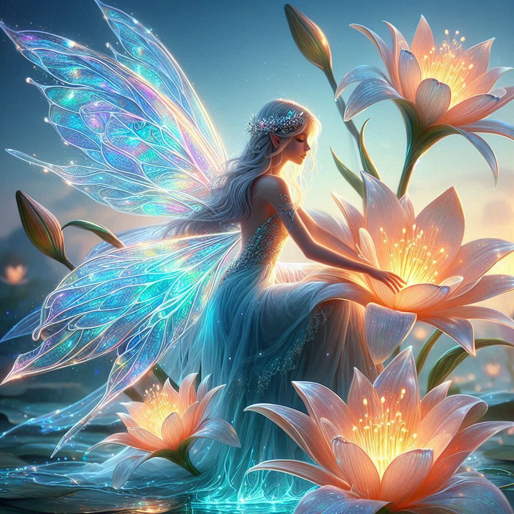 Magische Fee mit leuchtenden Feenflügeln bringt durch die Berührung mit ihrer Hand Blumen zum leuchten