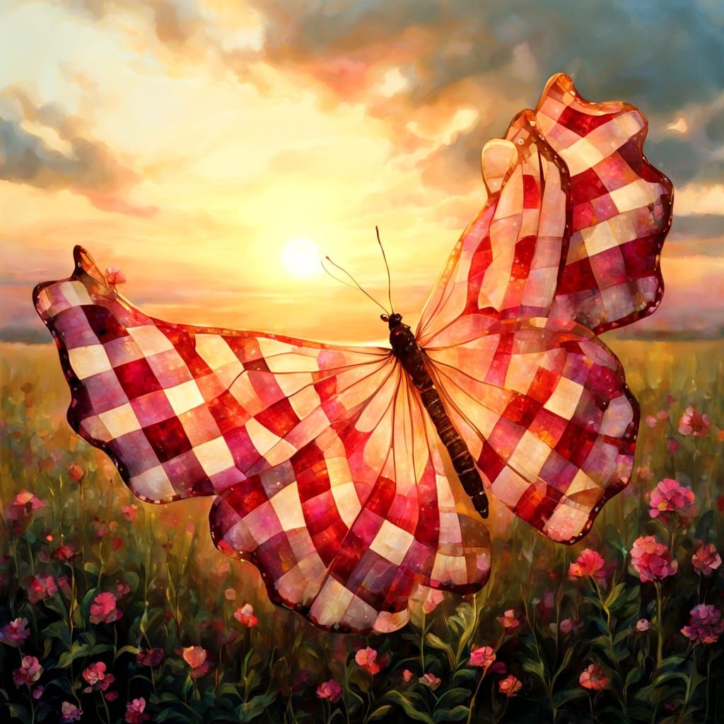 A beautiful sunset and a butterfly using only (gingham patterned cloth:1.9)  by @Lyndsey
