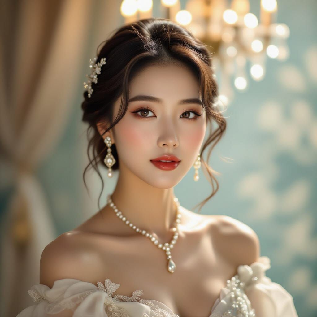 A serene portrait of a Korean woman, her face captured with hyperrealistic detail, bathed in soft, ethereal light. She is adorned with vinta...