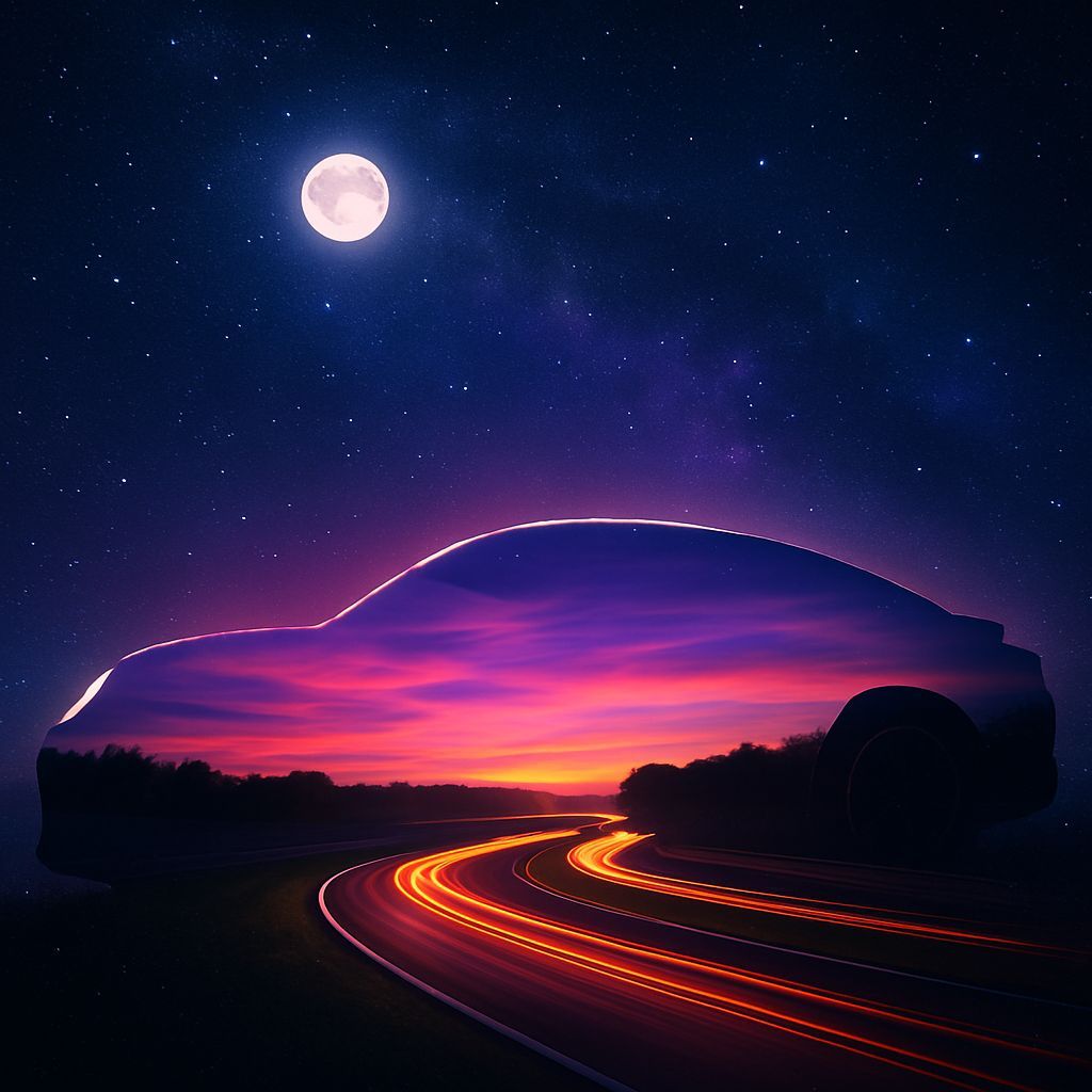 Dreamy Double Exposure: Sports Car in Cosmic Night Sky