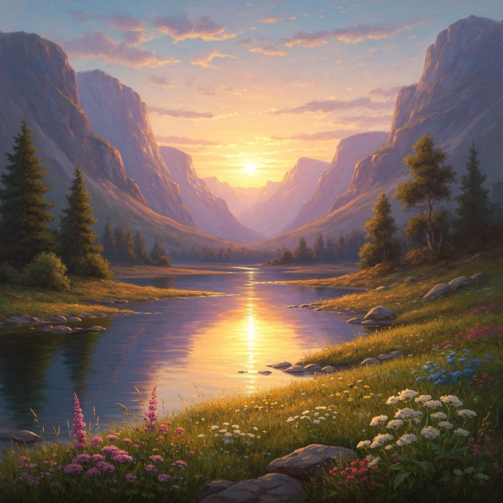 Serene Valley Sunset with Golden Light and Mountains