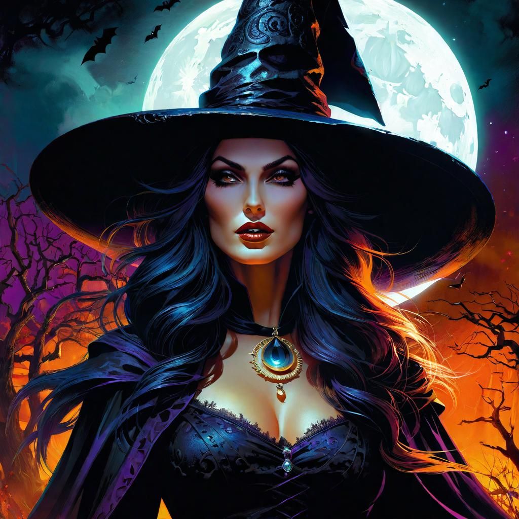 Detailed Witchy Woman Illustration in Mixed Media Style