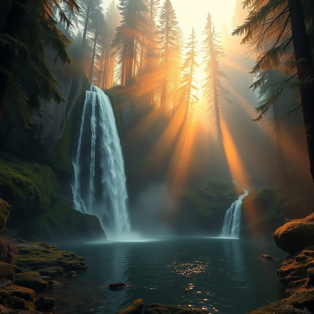 /imagine prompt:A cinematic digital painting of a hidden waterfall at dawn, cascading down mossy cliffs into a misty forest pool. The water ...