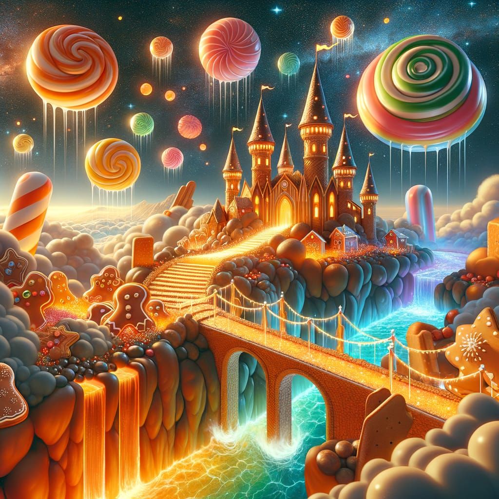 Gingerbread castles float on caramel-colored clouds.
Licorice bridges connect sparkling jellybean islands.
Candy fountains erupt in glowing ...