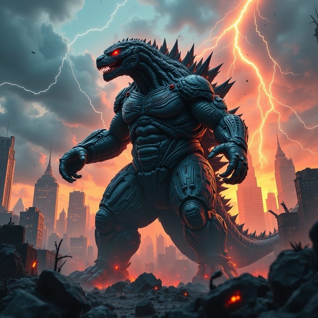<lora:Super Villains:0.5> An extreme close-up of a Cyborg Godzilla, destroying a dystopian skyline in the early morning suns lightning strik...