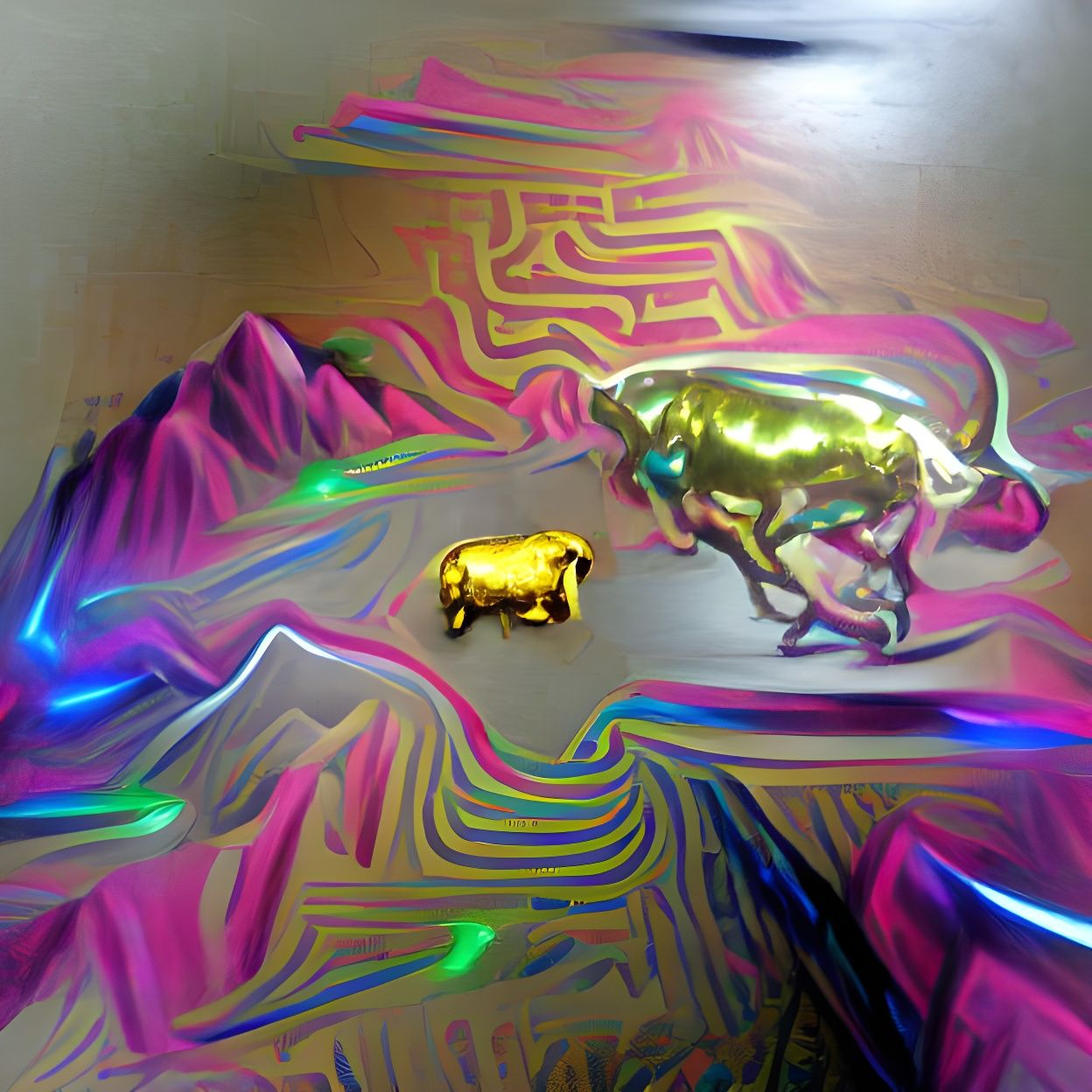 A bull running uphill made of gold holographic glowing neon ...