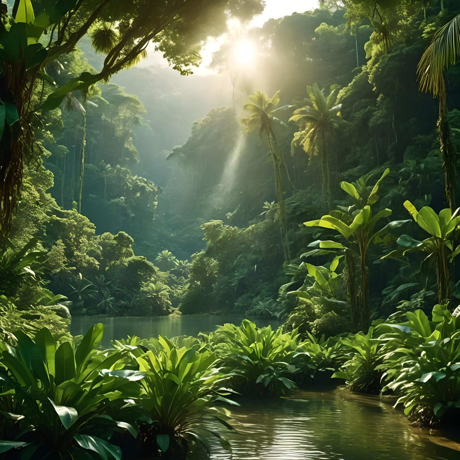 <lora:Lovely Landscapes:1.0> A tropical rainforest with the morning sun shining through the luscious green leaves of the trees 4K high defin...