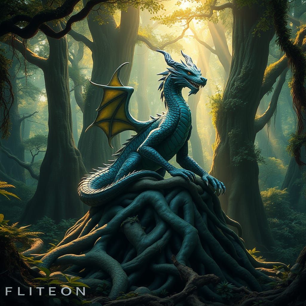 Ancient Dragon Surrounded by Lush Forest in Iridescent Splen...