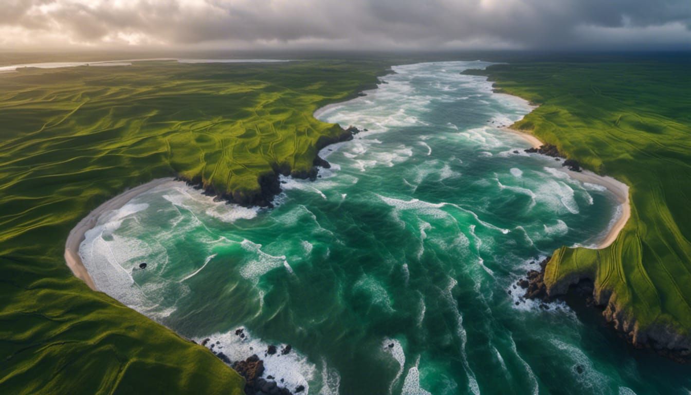 <lora:EpicLandscapes10:1.0> RAW Photo, ultra realistic, crisp, ultrasharp, a seascape with small green isalnds, reed grass, drone shot, morn...