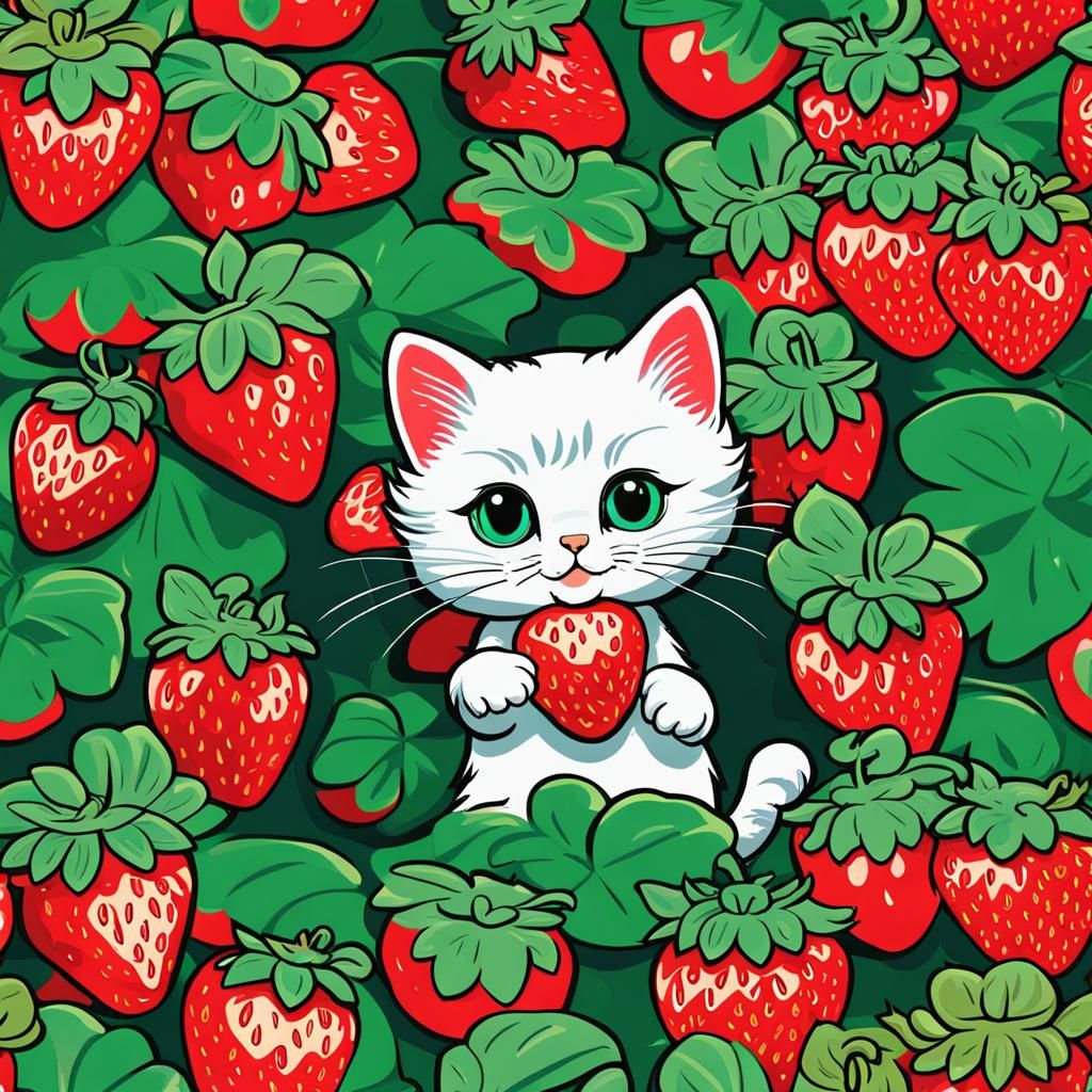 Kitty in strawberry field